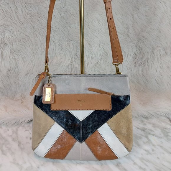 Fossil Women's Tan and Black Patches Leather Crossbody Bag - Picture 2 of 10